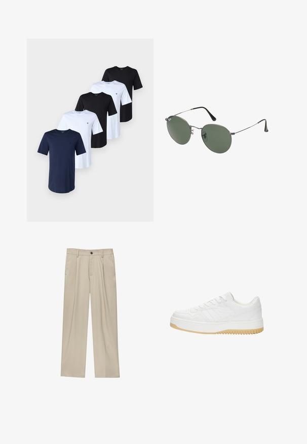 Cinco tricouri din bumbac în nuanțe de navy, negru și alb. Fiecare are guler rotund și mâneci scurte. Un mic logo apare pe partea stângă a pieptului fiecărui tricou.; Pantaloni bej cu croi drept, dotati cu un singur nasture negru, bucle pentru centură și buzunare laterale. Textură de țesătură netedă și design minimal.; Sneaker alb din piele cu o finisare texturată, având o talpă din cauciuc, un design cu șireturi și accente subtile sub formă de dungi pe laturi.; Ochelari de soare cu ramă metalică, dotati cu lentile ovale verzi. Ramă subțire din metal argintiu și ușițe negre. Design minimalist, fără logo-uri vizibile.