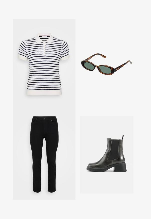 Valge polo särk, millel on tumesinised horisontaalsed triibud, ribakujuline tekstuur, kahe nupuga kaelus ja tikandiga logo rinna peal.; Mustad denim teksad, millel on kitsas lõige, viie tasku disain, esine nööbiga kinnitamine ning kerge elastaan venitamiseks mugavuse tagamiseks. Lame, sile pind ja minimaalne detailide arv.; Mustad musta nahast pahkluu saapad siledast viimistlusest, elastsete külgpanelidega ja jämeda kontsaga. Omavad tõmbenööri, et neid oleks lihtsam jalga panna.; Kilpkonna kilbi disainiga tumedad prillid ovaalsete raamidega ja roheliste objektiividega. Omab õhukesi käsi, millel on metallist aktsent hingedest lähedal.; Hõbedased metallkõrvarõngad lainelise, skulpturaalse disainiga, millel on poleeritud viimistlus ja ebaregulaarsed kujundid, rõhutades kaasaegset esteetikat.