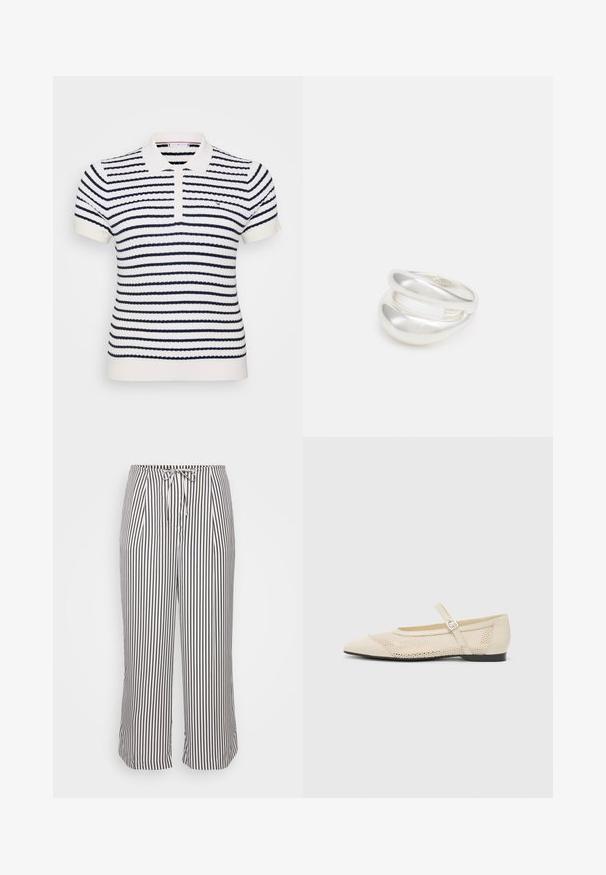 Balta polo marškinėliai su tamsiai mėlynomis horizontaliomis juostelėmis, šonkaulinė tekstūra, dviejų mygtukų užsegimas ir išsiuvinėtas logotipas ant krūtinės.; Suknelės kelnes su raišteliu juosmenyje, su vertikaliomis mėlynomis ir baltomis juostelėmis, pateiktos ant baltos fono.; Kreminės baleto bateliai su smailiu pirštu, tinklelio dizaino uždanga ir šonine sagtimi. Lygus padas su sklandžiu paviršiumi.; Sidabrinis dvigubas žiedas su lygiu, poliruotu paviršiumi. Pasižymi sklandžiu, kreiptu dizainu su persipinančiomis dalimis, suteikiančiomis modernų išvaizdą.