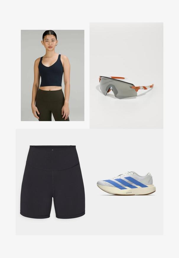 Marinblaues, kurz geschnittenes Sporttop mit V-Ausschnitt und dünnen Trägern, aus dehnbarem Stoff, kombiniert mit hochgeschnittenen olivgrünen Leggings.; Schwarze Sportshorts aus dehnbarem Material. Besitzen einen hohen Bund und glatte Nähte. Geeignet für Freizeitkleidung und Sport.; Weiße Sportschuhe mit blauen Streifen, strukturiertem Obermaterial, flacher Sohle und "LIGHTSTRIKE PRO" Branding an der Seite. Niedrigprofilla Design.; Sportliche Sonnenbrille mit grauen Gläsern, orangefarbenen Akzenten und gemusterten weißen Bügeln. Entwickelt für Leistung mit einer schützenden Form.