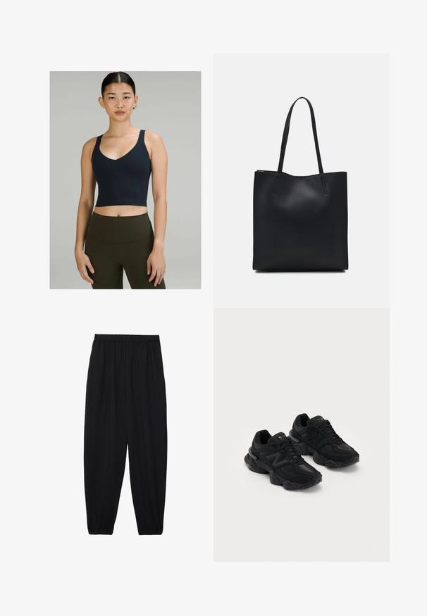 Marinblaues, kurz geschnittenes Sporttop mit V-Ausschnitt und dünnen Trägern, aus dehnbarem Stoff, kombiniert mit hochgeschnittenen olivgrünen Leggings.; Schwarze, leichte Hosen mit einem elastischen Bund und gerafften Knöcheln. Der Stoff ist glatt und hat ein entspanntes, schmal zulaufendes Design.; Schwarze Sportschuhe mit strukturiertem Obermaterial, das auffällige "N"-Logo, dämpfende Sohle und eine elegante, moderne Silhouette aufweist.; Schwarze Laptoptasche aus Leder mit glatter Textur, rechteckiger Form und zwei langen Griffen. Keine sichtbaren Beschläge oder Verzierungen.