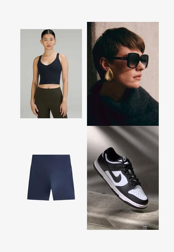 Top sportivo corto blu navy con scollatura a V e spalline sottili, realizzato in tessuto elasticizzato, abbinato a leggings alta vita verde oliva.; Pantaloni corti sportivi blu navy realizzati in tessuto leggero e morbido. Design aderente con vita alta. Senza motivi o hardware visibili.; Sneaker Nike Dunk Low in bianco e nero con tomaia in pelle, punta perforata e lacci neri, caratterizzata da una suola bianca e dettagli del logo.; Occhiali da sole neri oversize con lenti scure e dettagli in oro, abbinati a un grande orecchino a forma di goccia in oro lucido. Sciarpa di tessuto scuro.