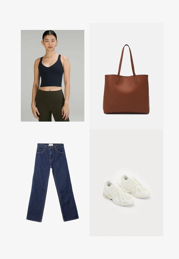 Mörkblå kort sporttop med v-ringning och tunna axelband, tillverkad av stretchigt tyg, ihop med höga olivgröna leggings.; Mörkblå raka jeans med framfickor, bälteshällor och knappstängning.; Vita sportskor i vitt med mesh och syntetiska material, snörningsdesign, vadderad krage och texturerad sula för grepp. Lättviktig konstruktion.; Brun läder tote-väska med en slät textur, öppen toppdesign och två axelremmar. Har minimal söm och ingen synlig metalldetalj.