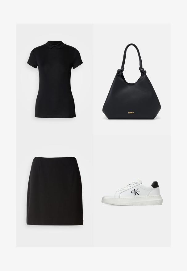 Melnā polo krekls, kas izgatavots no kokvilnas un sintētisko šķiedru maisījuma. Tam ir īsas piedurknes, klasiskā apkakle un šaura piegriezuma dizains. Gluda tekstūra ar minimālistisku detaļu izmantojumu.; Melnas satīna haltera kakla blūze ar savilktu audumu pie kakla un gludu, plūstošu dizainu. Taisna apakša bez redzamām rakstu vai akcentu.; Melnā svārku kleita ar pieguļošu siluetu, izgatavota no gludas auduma. Uzsvars uz smalkām priekšējām krokām un vidus līdz augšstilba garuma dizainu.; Baltā zema topa sporta apavas ar melnu papēža cilni, platformas zoli, auklēm un Calvin Klein "CK" logo sānos.; Melnas ādas somiņa ar teksturētu apdari, mezglota roktura akcenti un zelta logo detaļa apakšā. Iedzimta izliekta silueta.