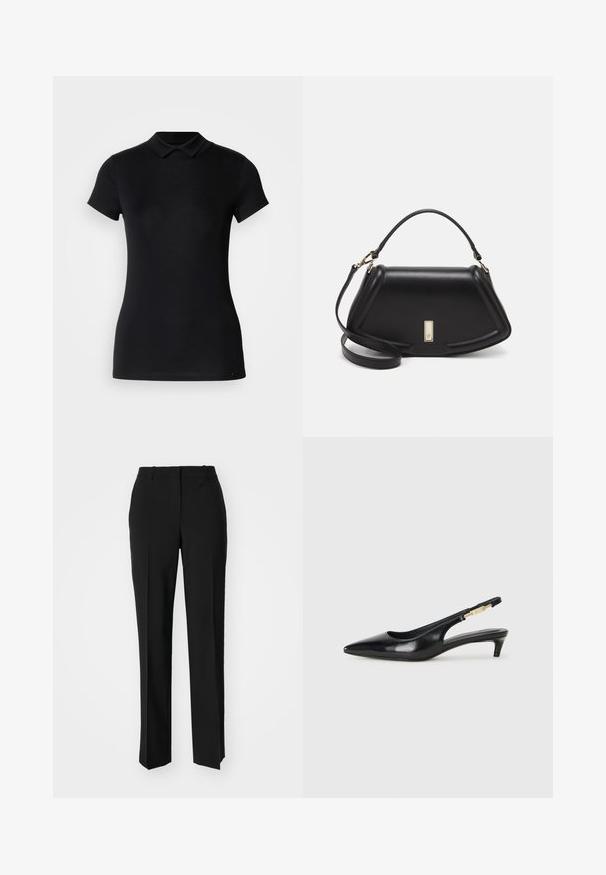 Schwarzes Polohemd aus einem Baumwoll-Blendstoff. Es hat kurze Ärmel, einen klassischen Kragen und ein schlankes Design. Glatte Textur mit minimalen Details.; Schwarze, taillierte Hose mit geradem Bein, aus einem glatten Stoff und mit klaren Falten an der Vorderseite. Keine sichtbare Hardware.; Schwarze Leder-Slingback-Pumps mit spitzem Schuhblatt, ausgestattet mit einem schlanken Absatz und einem goldfarbigen Akzent am verstellbaren Riemen. Glatte Textur.; Schwarze Lederhandtasche mit einem strukturierten Design, das eine verkürzte Form, einen oberen Griff und goldfarbene Hardware-Details aufweist. Verstellbarer Schulterriemen ist enthalten.