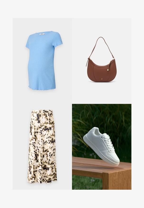 Vaaleansininen äitiystoppi, joka on valmistettu ribbikankaasta. Siinä on lyhyet hihat ja aaltoileva helma. Pehmeä materiaali, istuva malli.; Hame panjang lutut dari kain ringan dengan pola abstrak beige, cokelat, dan hijau. Memiliki pinggang yang pas dan desain yang mengalir.; Valkoiset tennarit, joissa on sileä synteettinen päällinen, rei'itetty varvasosa, litteät nauhat ja teksturoitu pohja, esillä puupinnalla.; Ruskea keinonahkainen olkalaukku, jossa on kaareva muoto, minimaalinen ompelu ja kultasävyinen varuste. Varustettu ylhäältä avautuvalla vetoketjullisella suljennalla ja säädettävällä hihnalla.