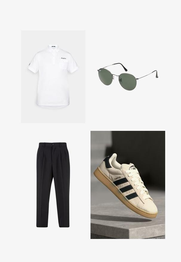 Hvid polo-shirt lavet af bomuld med korte ærmer, en spids krave, treknaps lukning og en brystlomme. Har broderet logo.; Sorte bukser med plisseret frontdesign, lavet af glat stof. Har knaplukning og bæltestropper; lige pasform.; Beige ruskinds sneaker med tre mørkeblå striber, hvide snørebånd og en tan farvet gummisål. Har et logo på tungen og teksten "CAMPUS".; Metalrammede solbriller med ovale grønne linser. Tynd sølvmetalramme og sorte ørepropper. Minimalistisk design, ingen synlige logoer.
