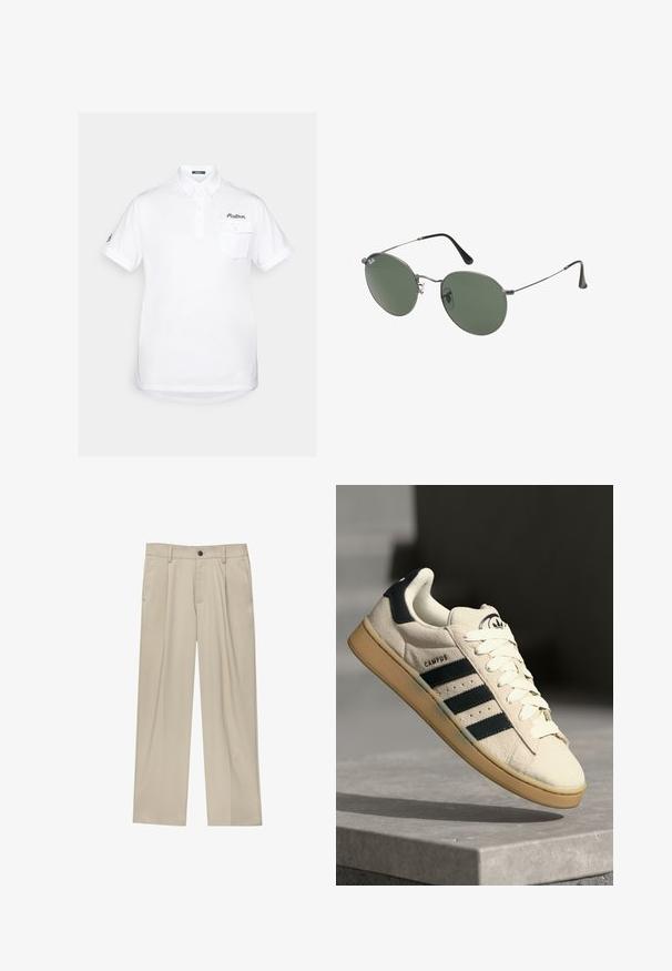 Witte polo shirt gemaakt van katoen met korte mouwen, een puntige kraag, een drieknoopsluiting en een borstzak. Bevat een geborduurd logo.; Beige broek met een rechte snit, voorzien van een enkele zwarte knoop, riemlussen en zijzakken. Glad stoffen textuur en een minimalistisch ontwerp.; Beige suède sneaker met drie donkerblauwe strepen, witte veters en een tan rubberen zool. Bevat een logo op de tong en de tekst "CAMPUS".; Metalen zonnebril met ovale groene lenzen. Dunne zilveren metalen rand en zwarte oorstoppers. Minimalistisch ontwerp, zonder zichtbare logo's.