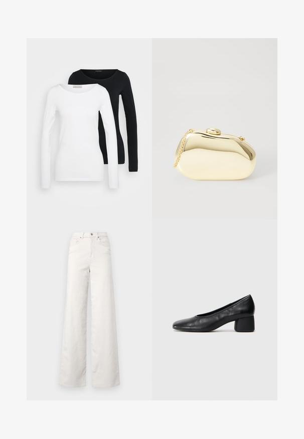 Dwie damskie bluzki z długim rękawem, jedna biała, a druga czarna, z okrągłymi dekoltami, wyeksponowane na jasnym, jednolitym tle.; ONLY Tall ONLHOPE beżowy; Czarne skórzane szpilki z zaokrąglonym noskiem i średnim obcasem. Gładka tekstura z minimalnymi detalami, z subtelnym elastycznym wykończeniem.; Metaliczna złota kopertówka o gładkim, zaokrąglonym kształcie, z górnym zapięciem na guzik i małym łańcuszkiem do noszenia.