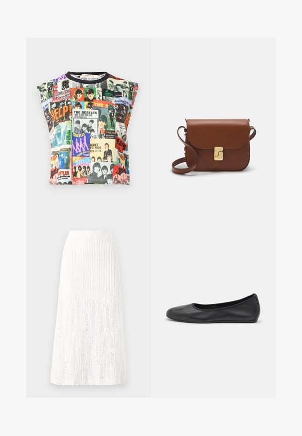 Alice + Olivia MICAH MUSCLE TANK - Top - twist and shout; Gonna midi bianca in maglia con un motivo testurizzato a righe verticali e dettagli a taglio vicino all'orlo. Vita elasticizzata. Materiale morbido.; Pantofole da balletto nere in pelle con punta arrotondata, texture liscia, dettagli di cucitura minimi e design con suola flessibile.; Borsa a tracolla in pelle marrone con chiusura a pattina, hardware color oro, tracolla e una finitura liscia. Forma rettangolare compatta.