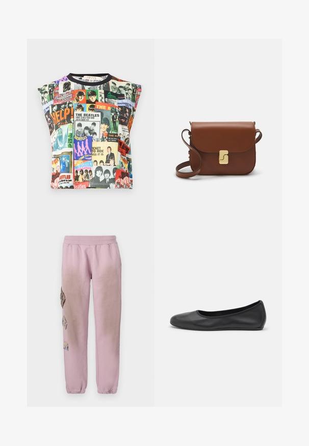 Alice + Olivia MICAH MUSCLE TANK - Top - twist and shout; Pantaloni de trening roz cu talie elastică, cu petice decorative în formă de diamant pe partea stângă și manșete elastice la glezne.; Balerini din piele neagră, cu vârf rotund, textură netedă, detalii de cusătură minimale și un design al tălpii flexibil.; Geantă de piele maro cu închidere tip capac, accesorii de culoare aurie, curea de umăr și o textură netedă. Formă compactă și rectangulară.