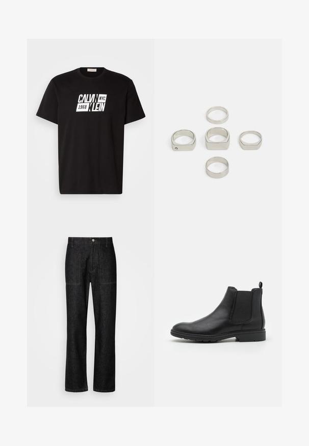 Juodas medvilnės marškinėliai trumpomis rankovėmis, su ryškiai baltu grafinio spaudiniu "CALVIN NYC 1968 KLEIN" priekyje. Klasikinio apvalaus kaklo linija.; Juodi džinsai tiesaus kirpimo, su matomu siuvimu ir priekinėmis mygtukų uždarymo detalėmis. Įtrauktos dvi šoninės kišenės ir dvi užpakalinės kišenės.; Juodas odinis Čelsio batų modelis su elastinėmis šoninėmis juostelėmis ir kilpike, apvalia nosimi ir tekstūruotu guminiu padu.; Šeši metaliniai sidabriniai žiedai įvairių formų, įskaitant apvalius ir kvadratinius, pasižymintys lygiu paviršiumi ir minimalizmo dizainu.