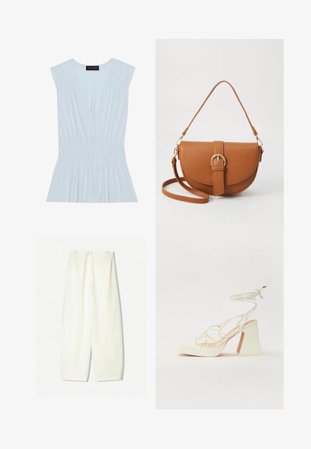 Lichtblauwe top met een diepe V-hals, geplooide schouders en een geraffineerde taille. Gemaakt van zachte stof met een uitlopende onderrand. Logo op het label.; Brede broekspijpen in een zachte crèmekleurige stof, met een gladde textuur, zijzakken en een relaxte pasvorm met een middenhoog tailleband.; Witte hoge hakken sandaal met een chunky hak, met een bandjesontwerp en enkelband. Gladde textuur met een plateau voor extra hoogte.; Bruine leren schoudertas met een gebogen vorm, gouden hardware en een gespaccent. Bevat een afneembare schouderriem.