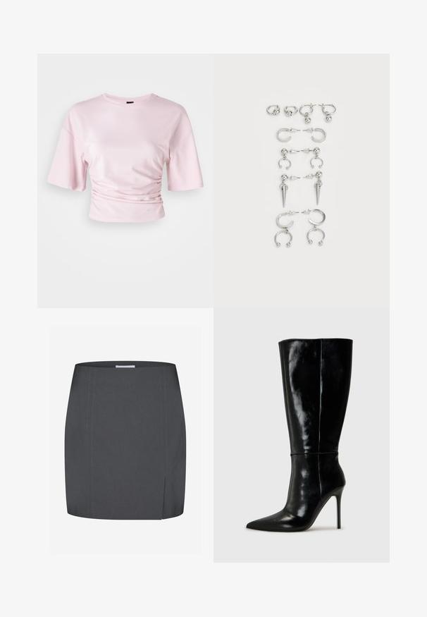 Svetlo roza skrajšana majica iz mehkega materiala, z kratkimi rokavi in nabrano stranjo za prileganje. Okroglo izrezovanje, preprosta zasnova.; Envii SPLIT - Ozko oprijeto krilo - grey; Črne usnjene škornje do kolen s koničastim nosom in visokim stiletto peto. Gladka tekstura in eleganten dizajn, ki vključuje minimalne detajle.; Komplet srebrnih ušesnih uhani z različnimi oblikami: obroči, stud earrings in viseči slogi, z okroglimi poudarki in koničnimi elementi.