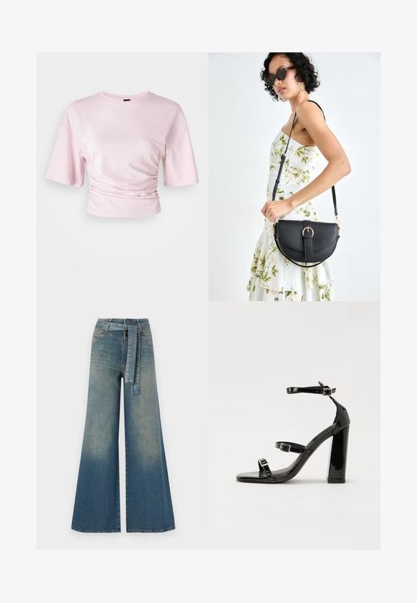 Lichtroze crop t-shirt gemaakt van zacht stof, met korte mouwen en gathered zijkanten voor een slim fit. Ronde halslijn, eenvoudig ontwerp.; Wijduitlopende denim broek met een lichte naar donkere blauwe gradient, hoge taille, riemlussen en een bijpassende stoffen riem. Gestructureerde denimafwerking.; Zwarte gepatenteerde sandalen met hak en een vierkante neus, enkelbandjes en zilveren gespen. Heeft een stevige blokhak voor stabiliteit.; Zwarte leren handtas met een gebogen vorm, afneembare schouderband en gouden hardware. De tas heeft een klep met een gespsluiting.; Zilveren dubbele ring met een gladde, gepolijste oppervlakte. Heeft een vloeiende, gebogen vorm met overlappende secties voor een moderne uitstraling.