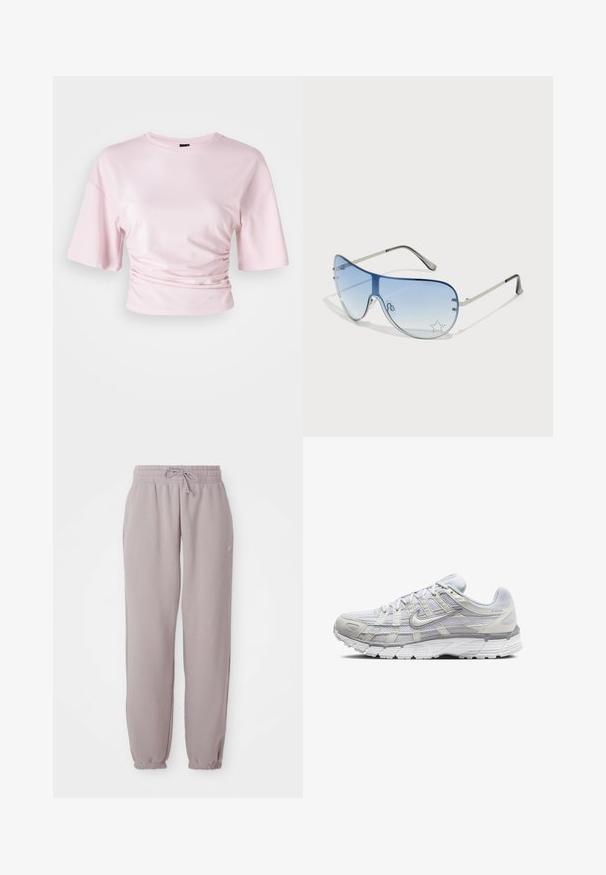 Helles rosa, kurz geschnittenes T-Shirt aus weichem Material, mit kurzen Ärmeln und gerafften Seiten für eine taillierte Optik. Rundhalsausschnitt, schlichtes Design.; Helle mauve Fleece-Sweatpants mit elastischem Bund, Kordelzug, seitlichen Taschen und elastischen Bündchen, flach auf einem weißen Hintergrund präsentiert.; Helle graue Sportschuhe mit einem Obermaterial aus Mesh und Synthetik, ausgestattet mit Schnürverschluss, gepolsterter Zunge und strukturiertem Sohlen für besseren Grip.; Flugzeugbrille mit einem verlaufenden blauen Glase, silbernem Metallrahmen und dekorativen Sternelementen auf dem Glas. Glattes und elegantes Design.