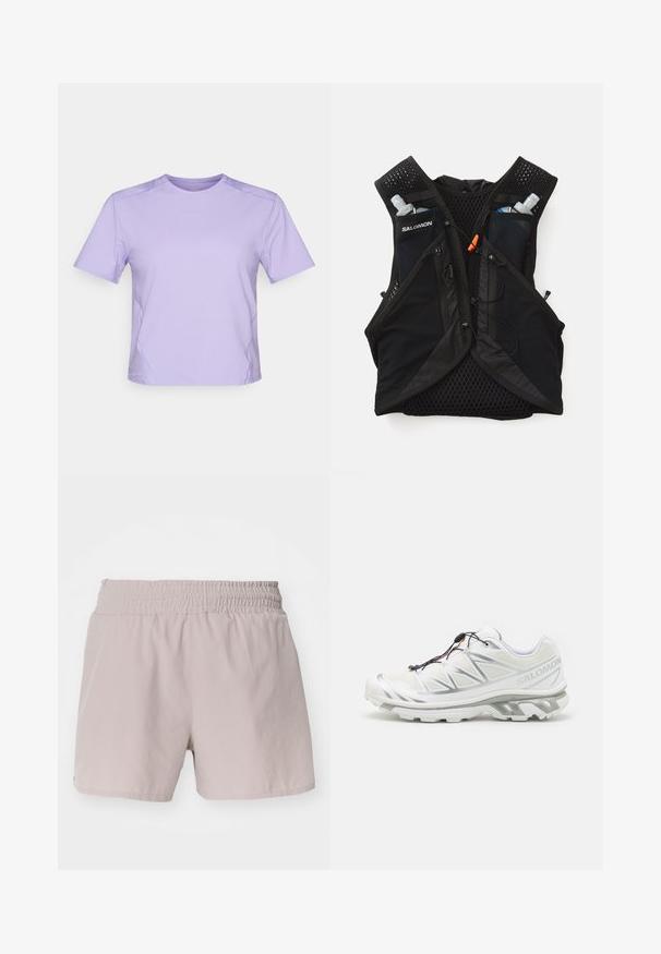 Lilac lühikeste varrukatega sportlik T-särk ümmarguse kaelusega, sile tekstuur ja peened kontrastsed õmblused. Minimalistlik logo rinnal.; Heledad beežid lühikesed püksid elastse vöökoha, siledat tekstuuri ja lihtsa disainiga. Omavad nähtavaid kinnitusi või mustreid.; Valge spordijalats, millel on tekstuuriga pealispind, peegeldavad detailid ja hall tallaosa. Omab rõhutatud kolmnurkseid mustreid ja kiire-kummutusmehhanismi.; Salomon ACTIVE SKIN 12 SET UNISEX - Joogisüsteemiga seljakott - black