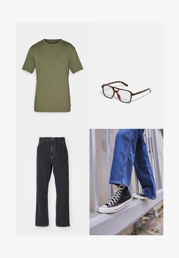 Vihreä oliivinvärinen puuvillapaita, jossa on lyhyet hihat, pyöreä kaula-aukko, suora helma ja pieni punainen logotagi vasemmalla alareunassa.; Mustat farkut, joissa on suora lahje, vetoketjusuljenta, viisi taskua ja kontrastiväriset ompeleet saumoissa.; Mustat high-top tennarit valkoisella pohjalla ja nauhoilla, yhdistettynä väljään sinisiin farkkuihin, lepäävät harmaalla kaiteella.; Ruoan kuosiset silmälasit, joissa on suorakulmaiset linssit, mustat ja oranssit kehykset, kiiltävä pinta ja hoikat templet.