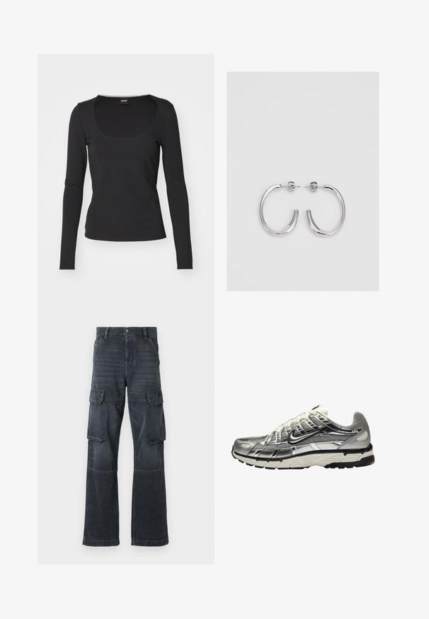 BOSS ECETA czarny; Ciemnoszare spodnie cargo z denimu, z dwiema bocznymi kieszeniami i szerokimi nogawkami. Szwy i krawędzie wykończone stębnowaniem.; Srebrny i czarny but sportowy z siateczkowej i syntetycznej cholewki, o obszernej konstrukcji i teksturowanym wykończeniu. Posiada wyściełany kołnierz oraz gumową podeszwę.; Srebrne kolczyki na biglu o gładkim, błyszczącym wykończeniu. O zaokrąglonym kształcie, lekkim designie, z zamknięciem na zatrzask.