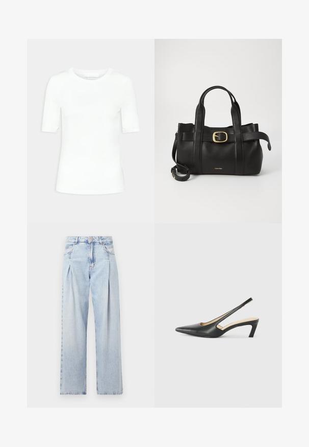 Tricou alb cu mânecă scurtă din bumbac moale. Dispune de un guler rotund și o siluetă ajustată, fără modele sau accesorii vizibile.; Jeans din denim albastru deschis cu talie înaltă, croială evazată, două buzunare laterale și un design pliat. Textură moale cu un finisaj decolorat.; Pantof cu toc mic, cu vârf ascuțit și slingback, realizat din piele netedă, având un design decupat pe lateral pentru respirabilitate.; Geantă de mână din piele neagră, cu un design structurat, mânere superioare duale, accent cu cataramă aurie și logo-ul brandului embosat în față.