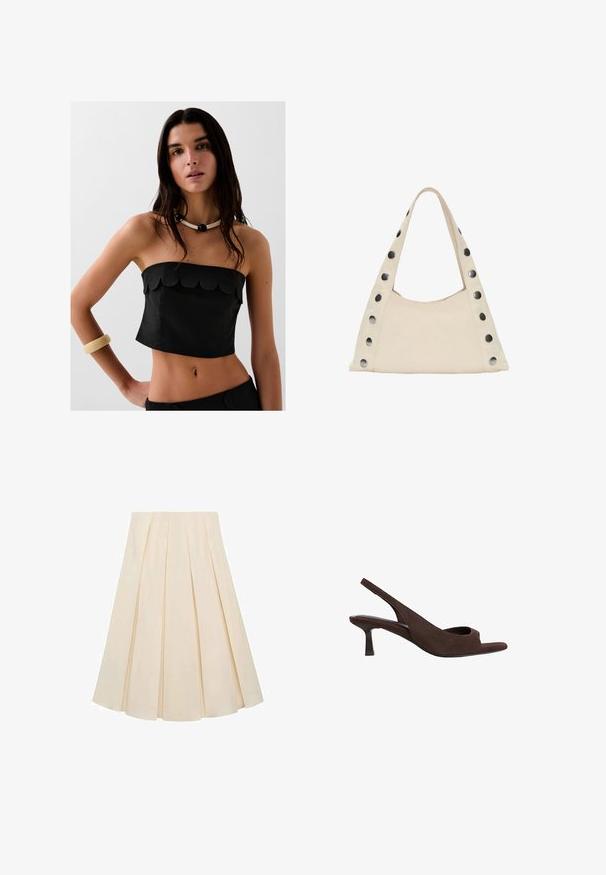 Czarny bezramkowy top z falbaniastym dołem, wykonany z teksturowanej tkaniny. Noszony z kontrastującym naszyjnikiem i jasnym bransoletką.; Plisowana spódnica w kremowym kolorze; charakteryzuje się miękką teksturą, średniej długości krojem oraz symetrycznymi plisami biegnącymi od pasa do dołu.; Brązowe zamszowe czółenka na odkrytej pięcie z wycięciem na palce, z niskim zakrzywionym obcasem i miękką fakturą na całej powierzchni.; PULL&BEAR - Torba na zakupy