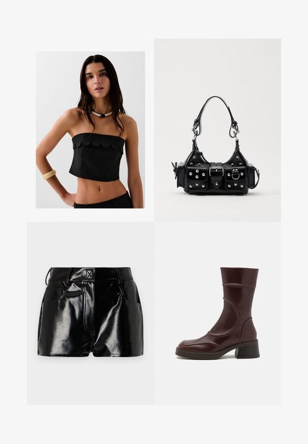 Mustat olkaimeton toppi, jossa on leikatut reunat, valmistettu teksturoidusta kankaasta. Yhdistetty vastakkaiseen kaulaketjuun ja vaaleaan rannekoruun.; Lyhyet mustat kiiltävät shortsit, jotka on valmistettu synteettisestä materiaalista. Niissä on hyvä istuvuus vyötäröllä, vyölenkit ja etutaskut, joissa on näkyvät ompeluyksityiskohdat.; MIISTA MALENE - Klassiset nilkkurit - brown; Musta nahkainen käsilaukku, jossa on kaareva muotoilu, hopeiset niitit, solki ja kaksi sivutaskua. Säädettävä olkahihna erilaisiin kantovaihtoehtoihin.