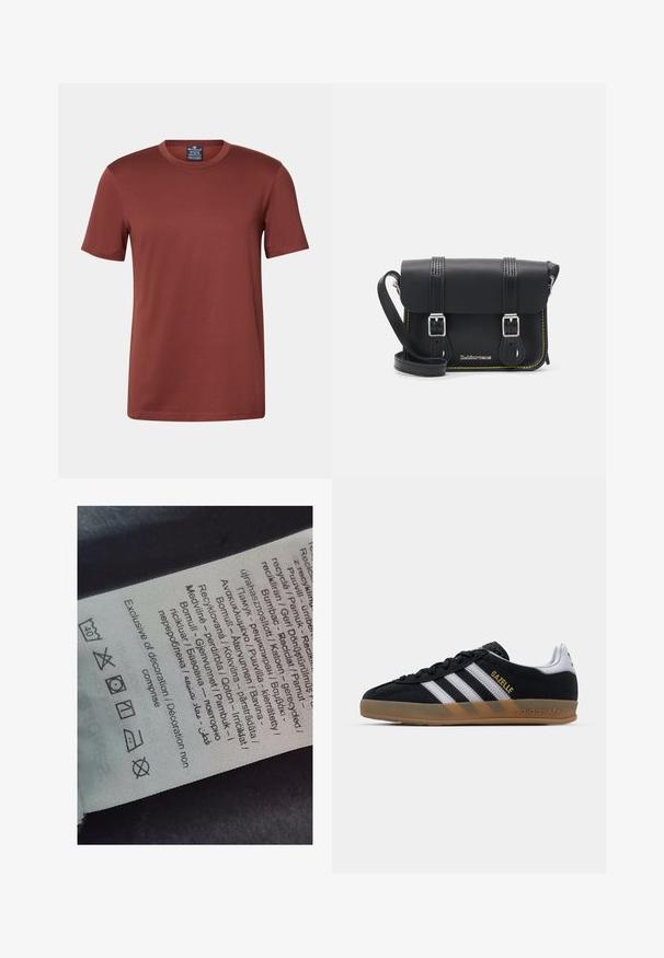 Champion TECH CREWNECK QUICK DRY - Športové tričko - dark brown; Štítok s viacjazyčným textom, symbolmi starostlivosti a ikonami recyklácie, vytlačený na jemnom textilnom materiáli svetlej farby.; Čierne semišové tenisky s bielymi pruhmi, tanovou gumovou podrážkou a zlatým logom "Gazelle". Klasický nízky dizajn s textúrovaným vrchom.; Čierna kožená crossbody taška s preklopom, dvoma striebornými prackami, žltým prešívaním a nastaviteľným popruhom. Vyznačuje sa hladkou textúrou a kompaktným dizajnom.