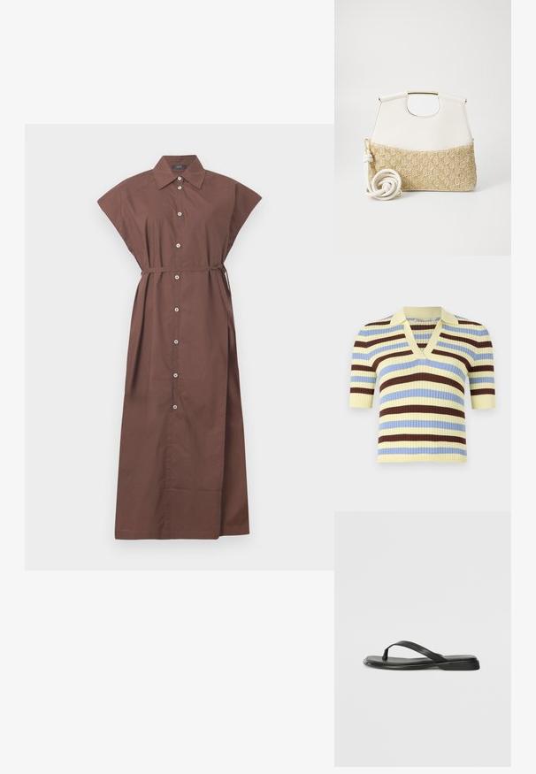 Krátký rukáv, žebrovaný pletený top v žlutých, modrých a hnědých pruzích s výstřihem do V a límečkem. Texturovaná tkanina s přiléhavým siluetou.; Hnědé šaty na knoflíky s límečkem, krátkým rukávem, páskem v oblasti pasu a dlouhým, splývavým střihem. Hladká bavlněná tkanina.; Černé žabky vyrobené z hladké kůže, s tenkým designem popruhu a plochou podrážkou s minimálním profilem. Žádné výrazné vzory ani akcenty.; Bílá kožená kabelka s texturovaným krémovým tkaným dnem. Obsahuje zlatou rukojeť a stočený bílý popruh pro variabilitu.