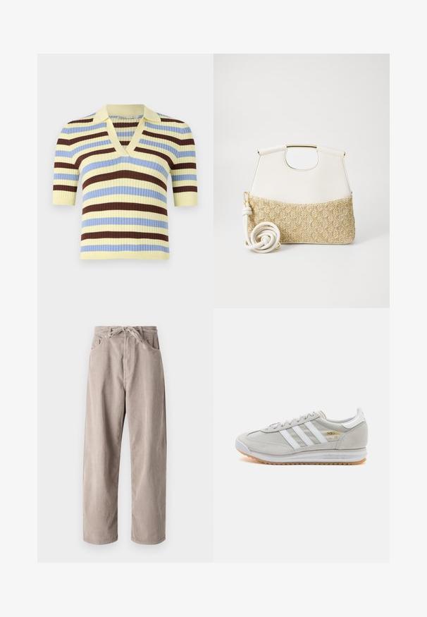 Kortermet, ribbestrikket topp i gule, blå og brune striper med V-hals og krage. Strukturerstoff med en tettsittende silhuett.; Beige kordfløyelsbukser med løs passform, med strikk i livet, to frontlommer og vertikal ribbet tekstur.; Lys grå sneaker laget av semsket skinn og mesh, med tre hvite striper, rund tå og såle av gummi. Gull logo-aksent nær snørebåndene.; Hvit lærveske med en teksturert kremfarget vevd bunn. Har en gullfarget håndtak og en spiralformet hvit stropp for allsidighet.