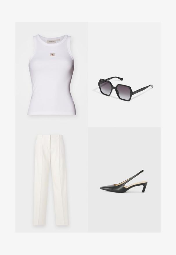 Hvit rippet tanktop med en tettsittende design, rund hals, og liten beige logoetikett med røde detaljer på framsiden. Laget av bomullsblanding.; Hvite bukser laget av lin, med rett snitt, doble folder foran, og en jevn tekstur. Ingen synlige lommer eller metallbeslag.; Svart spiss tå slingback-sko med lav hæl, laget av jevnt skinnmateriale og med utskåret design på siden for pusteevne.; Svart sekskantede solbriller med gradientlinser, med en blank finish og subtil merkevareføring på stangen. Slitesterk plastkonstruksjon.