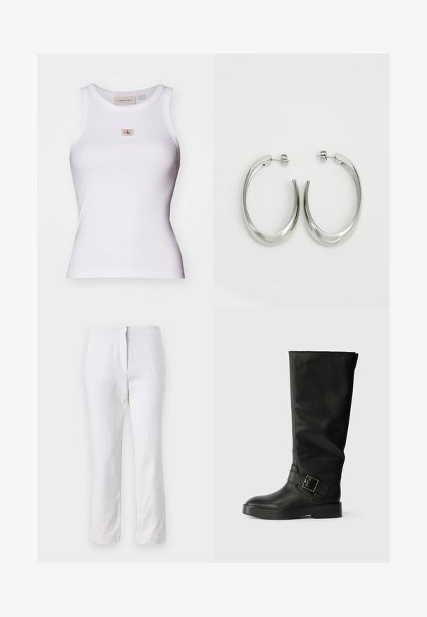 Top sin mangas blanco de canalé, con un diseño ajustado, escote redondo y una pequeña etiqueta de logo beige con acentos rojos en el frente. Hecho de una mezcla de algodón.; Pantalones de algodón blancos con un diseño de pierna recta, que cuentan con una cintura de media altura y sin herrajes o patrones visibles. Textura suave en todo su recorrido.; Botas negras hasta la rodilla, hechas de cuero suave, con puntera redondeada, suela gruesa y una correa horizontal con detalle de hebilla rectangular.; Pendientes de aro de plata con un diseño curvado y suave. Presentan un acabado metálico brillante y cierre de presión. Sin patrones ni acentos visibles.