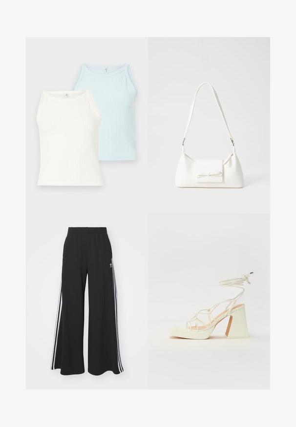 Two ribbed tank tops in white and light blue. The tops feature a round neckline and wide shoulder straps, made from a soft fabric.; Black wide-leg sweatpants with an elastic waistband, featuring white side stripes and an embroidered logo on the left thigh.; White high-heeled sandal with a chunky heel, featuring a strappy design and ankle tie. Smooth texture with a platform front for added height.; White synthetic handbag with a triangular shape, flat front flap and bow detail, adjustable strap, smooth texture, and minimalistic design.