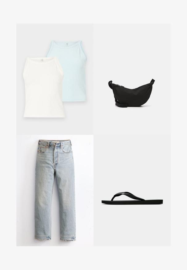 Dwa żebrowane topy na ramiączkach w kolorze białym i jasnoniebieskim. Topy mają okrągły dekolt i szerokie ramiączka, wykonane z miękkiego materiału.; Jasnoniebieskie dżinsy z prostymi nogawkami, z postrzępionym dołem, miedzianymi nitami i klasycznym stylem pięciu kieszeni.; Czarne gumowe klapki z teksturowanym paskiem i prostą płaską podeszwą, przedstawione z boku na jasnym jednolitym tle.; Czarna torebka crossbody z wyprofilowanym kształtem, zamkiem błyskawicznym, regulowanym paskiem oraz małą boczną kieszonką na dodatkowe akcesoria.