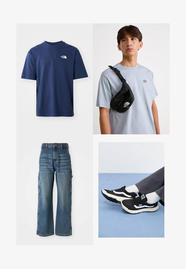 Tricou din bumbac de culoare albastru închis, cu guler rotund, mâneci scurte și un logo alb pe partea stângă a pieptului. Textură netedă, croi standard.; Jeans din denim cu picioare largi, de culoare albastru deschis, cu un finisaj ușor decolorat, având talie înaltă, bucle pentru curea și buzunare laterale. Detalii de cusătură vizibile.; Tenisi negri cu accente albe, din materiale de plasă și cauciuc, având o talpă și un tab de călcâi texturate. Purtați cu șosete albe și pantaloni gri.; Geantă de umăr din nailon negru, cu bretea ajustabilă, având un logo alb proeminent. Purtați peste un tricou bleu deschis. Design simplu și funcțional.