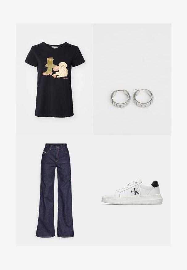 Μαύρο βαμβακερό T-shirt με γραφικό σχέδιο ενός πράσινου μποτάκι, ενός σκύλου και μιας μπάλας. Το λογότυπο "Barbour" είναι τυπωμένο σε πορτοκαλί.; Σκούρο μπλε παντελόνι τύπου wide-leg από τζιν ύφασμα με ψηλή μέση, διακοσμημένο με πορτοκαλί ραφές, πέντε τσέπες και κουμπωτή κλείσιμο.; Λευκό αθλητικό παπούτσι χαμηλού προφίλ με μαύρη ταμπέλα στη φτέρνα, πλατφόρμα, κορδόνια και λογότυπο "CK" της Calvin Klein στο πλάι.; Ασημένια σκουλαρίκια κρίκοι με υφή που διαθέτει κατακόρυφες ραβδώσεις. Κυκλικός σχηματισμός με ασφαλές κλείσιμο. Λείος φινίρισμα.