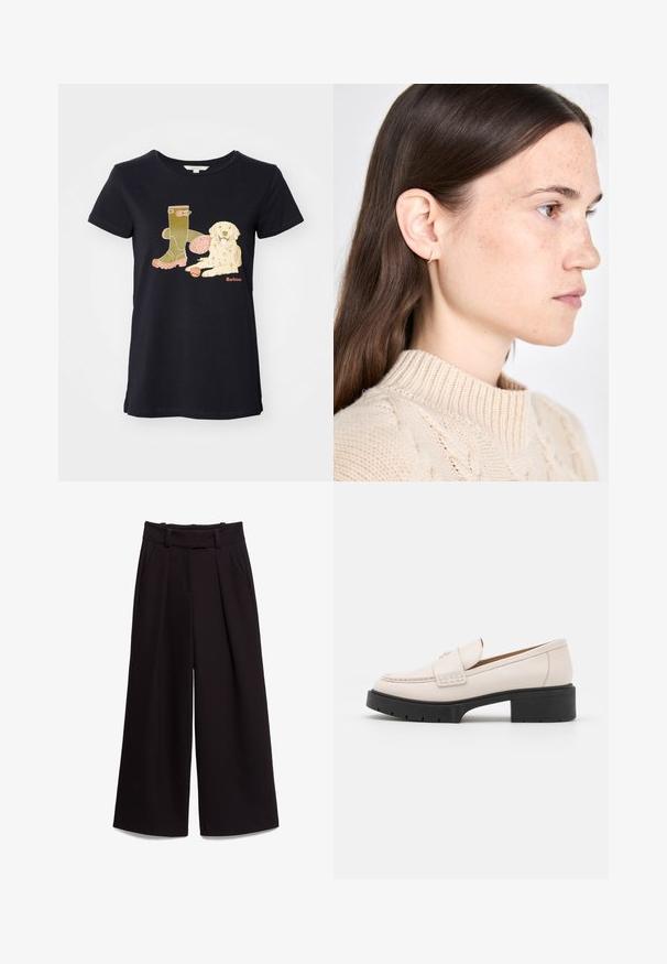 Black cotton T-shirt featuring a graphic design of a green boot, a dog, and a ball. The "Barbour" logo is printed in orange.; Black wide-leg trousers made of smooth fabric, featuring a high waist, belt loops, and two front pockets. Pleated design adds texture.; Light beige leather loafers with a stitched front and a textured black platform heel. Features a curved design and a slight elevation.; Gold hoop earring featuring a delicate design with small, embedded stones. The model wears a cream knit sweater with a ribbed collar.