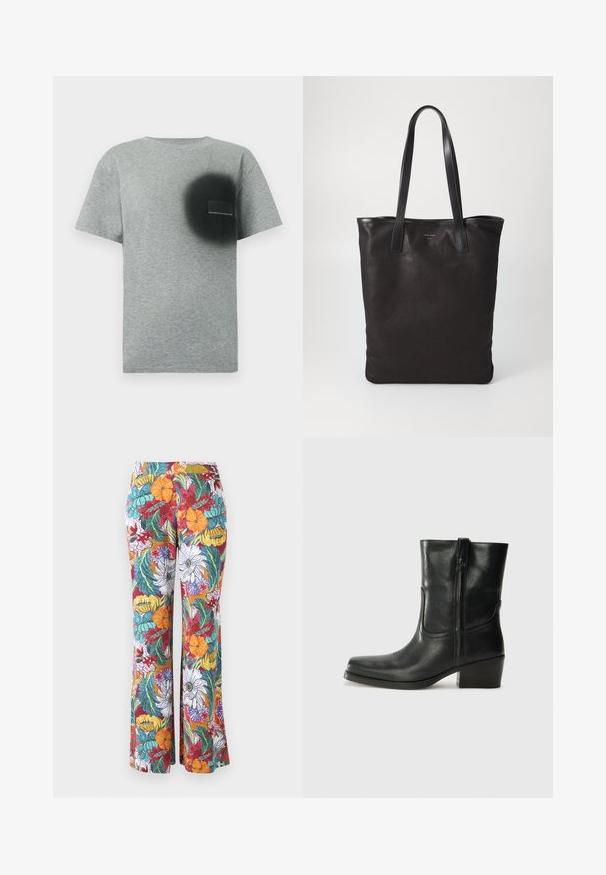 Grey short-sleeve T-shirt with a black circular spray paint design and a small rectangular patch on the left chest area.; Flared trousers with a multicolored floral pattern, featuring orange, purple, and teal flowers and green leaves on a white background.; Black leather ankle boot with a rounded toe, block heel, side zipper, and stitching accents on the vamp. Smooth texture, classic design.; Black canvas tote bag with black leather handles. Simple design, spacious body, and a smooth texture. No visible logos or patterns.