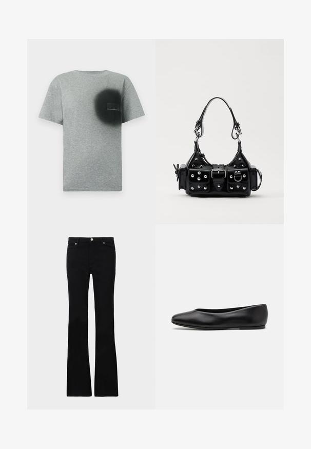 Szary t-shirt z krótkim rękawem, ozdobiony czarnym, okrągłym wzorem w stylu spray paint oraz małą prostokątną naszywką na lewej stronie klatki piersiowej.; Czarne dzwony z denimu, z dwoma przednimi kieszeniami, zapięciem na guzik i gładką fakturą. Widoczne charakterystyczne szycie na szwach.; Paul Smith TOPANGA czarny; Czarna skórzana torebka w zakrzywionym kształcie, z srebrnymi ćwiekami, klamrą i dwoma bocznymi kieszeniami. Regulowany pasek umożliwiający różne opcje noszenia.