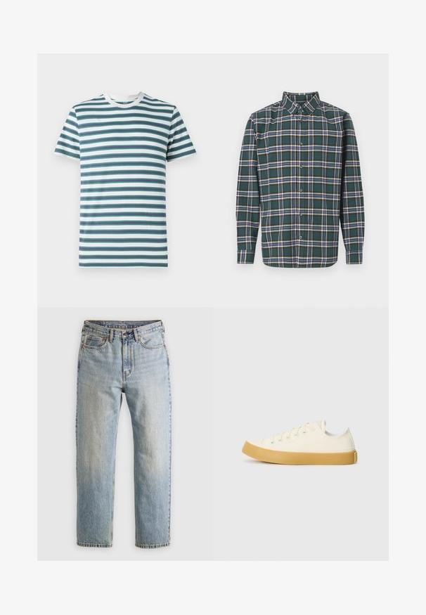 Vīriešu īsām piedurknēm T-krekls ar horizontālām svītrām teal, tumši zilā un baltā krāsā. Mīksts kokvilnas audums ar apaļu kakla izgriezumu un kontrastējošu apkakli.; Zaļš flaneļa krekls ar ietērpu, kurā ir zila, balta un sinepju dzeltena krāsa. Ar pogām aizdaram un uzgaļotām apkaklēm. Garas piedurknes.; Gai zila denima bikses ar augstu jostasvietu, priekšējo pogu, rāvējslēdzēju un piecu kabatu dizainu, izlīdzinātas uz neitrāla fona.; Kanvasas tenisa apavi ofē un balta krāsā ar apaļu purngali, ar beicu gumijas zole un piecām acīm šņorēšanai, teksturēta virsma augšdaļā.