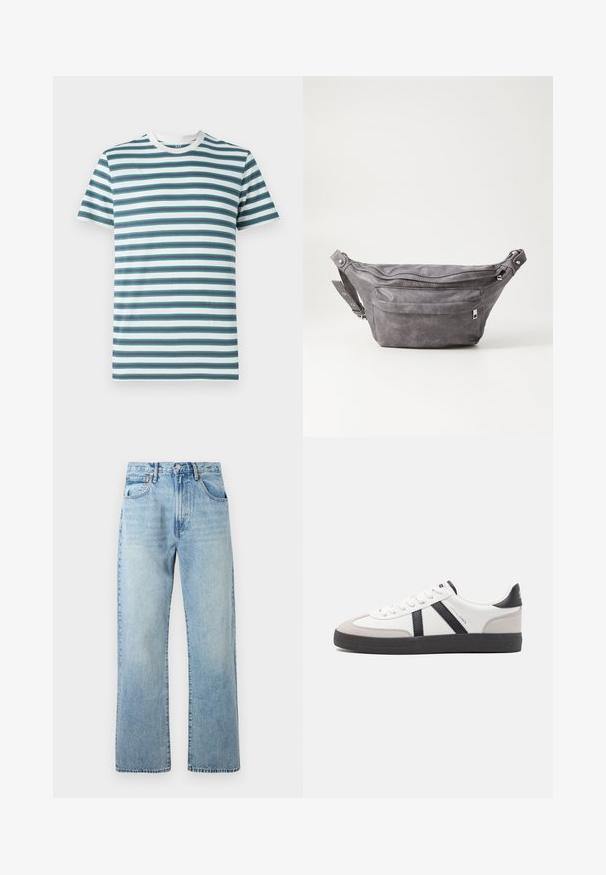 Vyrų trumpomis rankovėmis marškinėliai su horizontaliomis juostelėmis šviesiai mėlynos, tamsiai mėlynos ir baltos spalvų. Minkštas medvilnės audinys, apvalus iškirpimas ir kontrastingas apykaklė.; Šviesiai mėlyni džinsai su plačiomis tiesiomis kojomis, penkių kišenių dizainu ir diržo kilputėmis. Audinys turi šiek tiek išblukusią tekstūrą.; Balti sportbačiai su juodais ir pilkais akcentais, pasižymintys tekstūruotu pilku pirštų dangteliu, juoda gumine padais ir plokščiomis baltomis raišteliais. Švarus dizainas, minimalistinis stilius.; Pilkas suedes fanny pack'as apvalios formos, su dviem užtraukiamais skyreliais ir reguliuojama diržele. Yra metaliniai aksesuarai.