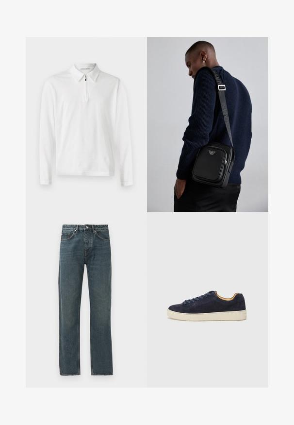 Hvit langermet polo-shirt med krage og halv glidelås foran. Glatt tekstur og enkelt design uten ekstra mønstre.; Mørkeblå denimjeans med rett ben-design, med fem lommer, knappeåpning og kontrasterende sømdetaljer.; Marineblå semsket lav sneaker med rund tå, off-white gummisåle og matchende snørebånd; har en kontrasterende tan indvendig foring.; Svart lær crossbody-veske med en glidelåslomme, logo-detalj og justerbar rem med merke. Båret mot en teksturert marineblå genser.