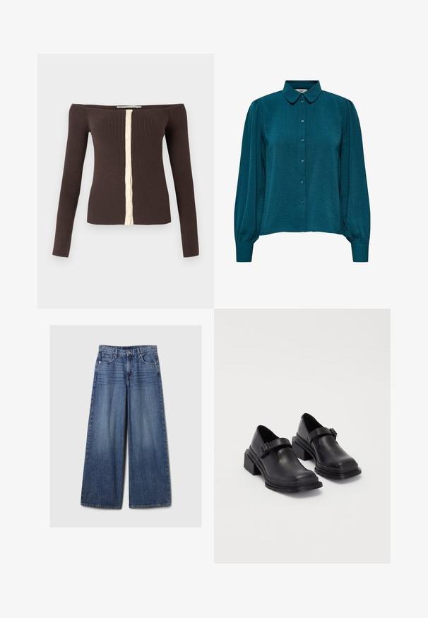 Õlgadest paljastav soonikkoes pikad varrukad tumedat pruunikat värvi koos kreemja nööpidega keset esiosa.; Sinine pluus, millel on krae, nupud ees ja pikad varrukad. Valmistatud tekstuursetest kangast, millel on kokku tõmmatud mansetid.; Laiad sinised denimpüksid, millel on pleekinud viimistlus, nupp ja lukuga sulgemine, viis taskut ning vööaasad.; Mustad mustad jalanõud ümmarguse varbaga, tasase tallaga ja kinnitusega rihmaga, millel on pandla detail. Suure plokknina, mis tagab lisastabiilsuse.