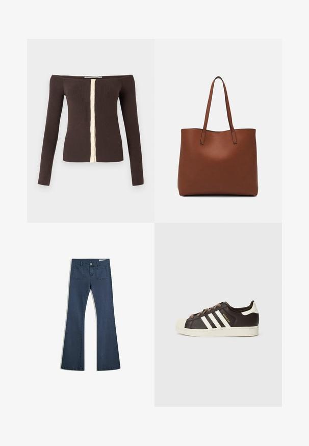 Schulterfreies, geripptes Langarmtop in Dunkelbraun mit einer cremefarbenen Knopfleiste in der Mitte vorne.; Dunkelblaue, ausgestellte Jeans aus Denim mit genähten Taschen, einem Knopfverschluss und einer glatten Textur. Mit einem klassischen Fünf-Taschen-Design.; Low-Top Adidas Superstar Sneaker aus dunkelbraunem Leder mit cremefarbener Schale an der Spitze, weißen Streifen und dem Schriftzug "Superstar" an der Seite.; Braune Leder-Tote mit glatter Textur, offenem Oberteil und zwei Schulterriemen. Verfügt über minimale Nähte und keine sichtbaren Beschläge.