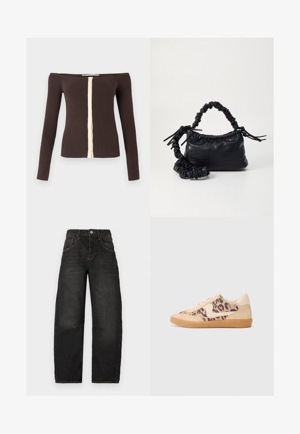 Off-shoulder ribbed long-sleeve top in dark brown with a cream button placket down the center front.; Black denim jeans with a straight-leg design, five pockets, visible stitching, and a front button closure. Textured fabric with slight fading.; Leopard print sneakers with beige suede upper, tan rubber sole, and white accents. Round toe and lace-up design with a textured finish.; Black faux leather handbag with a crocodile texture, cinched top, and a scrunched strap. Appears soft and compact in design.