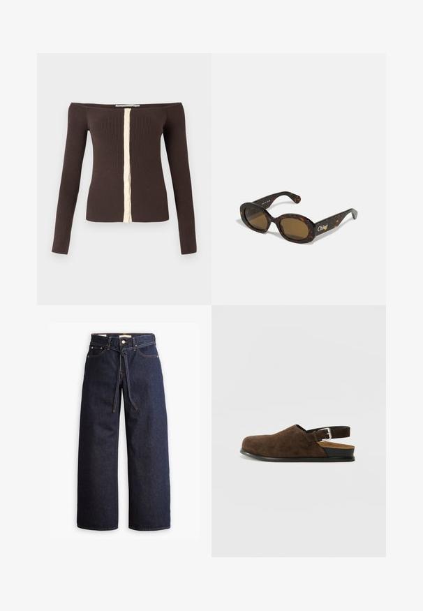 Top a manica lunga in costine con scollo a spalle scoperte di colore marrone scuro, con una patta con bottoni crema al centro davanti.; Jeans in denim scuro a gamba larga con vita alta, dotati di un laccio, cinque tasche e dettagli di cucitura a contrasto.; Scarpa slip-on in suede marrone con tacco basso, cinturino regolabile con fibbia argentata e suola in gomma nera.; Occhiali da sole in tartaruga con montatura ovale, lenti di colore marrone e marchio "Chloé" sulla stanghetta. Materiale plastico liscio con finitura lucida.; Borsa tote in suede marrone con forma ampia e texture morbida, caratterizzata da una strap singola e hardware minimale su uno sfondo neutro.