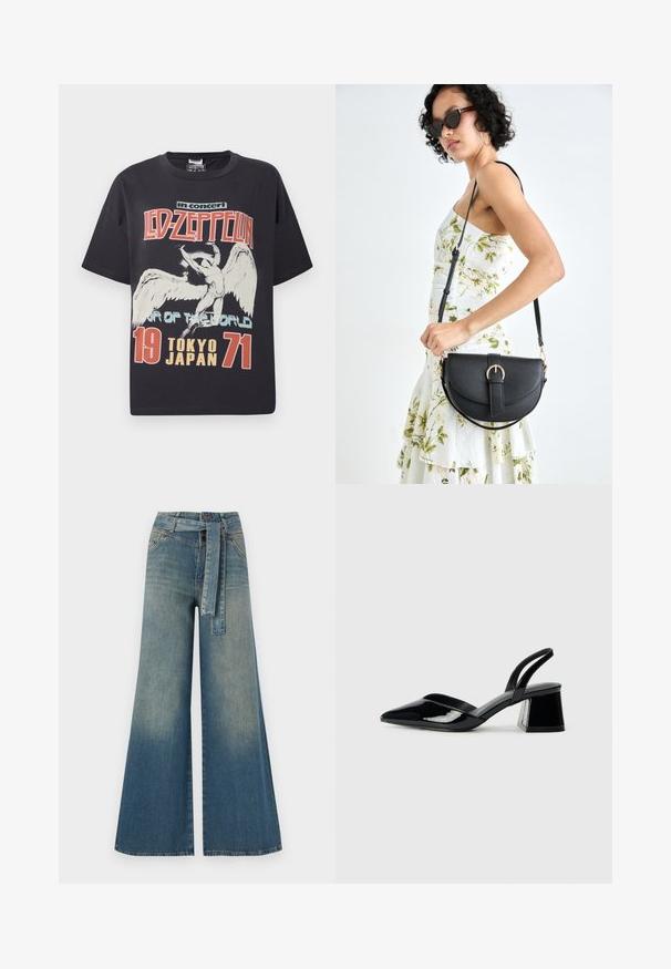 Černé bavlněné tričko s velkým grafickým potiskem anděla a textem "Led Zeppelin v koncertu Tour of the World Tokio Japonsko 1971."; Džínové kalhoty širokého střihu s přechodem od světlé k tmavě modré, vysokým pasem, poutky na opasek a odpovídajícím opaskem ze stejného materiálu. Texturovaná džínovina.; Černé lakované kožené lodičky na pásku s špičatou špičkou a geometrickým blokovým podpatkem. Vyznačují se elegantním, minimalistickým designem a hladkým povrchem.; Černá kožená kabelka s křivkovým tvarem, odnímatelným popruhem a zlatými detaily. Kabelka má klopu s přezkou.