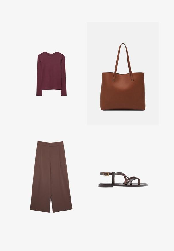 Długi rękaw top w kolorze burgundowym, wykonany z miękkiego materiału. Posiada okrągły dekolt oraz prosty krój z lekko przedłużonym tyłem.; Brązowe spodnie o szerokich nogawkach z gładką fakturą, z wysokim stanem i plisami z przodu. Materiał jest lekki i luźno opada.; Brązowe skórzane sandały z krzyżującymi się paskami, zapięciem na klamrę przy kostce oraz płaską podeszwą z minimalnymi detalami szycia.; Brązowa skórzana torba tote o gładkiej fakturze, z otwartym wierzchem i dwoma ramiączkami. Charakteryzuje się minimalnym przeszyciem i brakiem widocznych elementów metalowych.