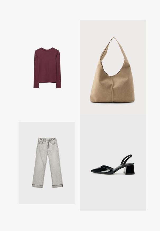 Langarmtop in bordeauxrood, gemaakt van zachte stof. Heeft een ronde halslijn en een rechte snit met een iets langere achterkant.; Grijs denim wijde broek met een hoge taille, raffineert hem en contrasterende stiksels. Voorzien van vijf zakken en een klassieke knoopsluiting.; Zwarte gepatineerde leren slingback hakken met een spitse neus en een geometrische blokhak. Kenmerkt zich door een slank, minimalistisch ontwerp en een gladde textuur.; Hobo tas in zacht beige suede met een slungelige vorm, brede schouderband en een handgestikte naad langs de voorkant.