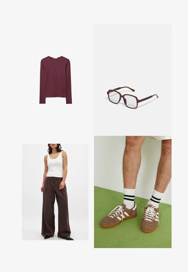 Langærmet top i bordeaux, lavet af blødt stof. Har en rund halsudskæring og en lige pasform med en lidt længere bagsøm.; Brune bredbenede bukser med en glat tekstur, med høj talje og presset læg; parret med en hvid tanktop. Sorte spidse sko.; Brune ruskind sneakers med hvide detaljer og snørebånd. Gummisål i naturgummi. Båret med hvide sokker med sorte striber. Grøn struktureret gulv.; Brune, rektangulære briller med gennemsigtige linser og lilla nuancer. Glat plastisk stel med lige tempelstænger og diskrete detaljer.; Bordeaux læderhåndtaske med en rund form, kæde- og læderrem, udsmykket med plisserede detaljer og en lynlås lukning på siden.; Tre-lags halskæde med gyldne kæder, en sølvperlekæde og et centralt knudedetalje. Inkluderer en justerbar lås.