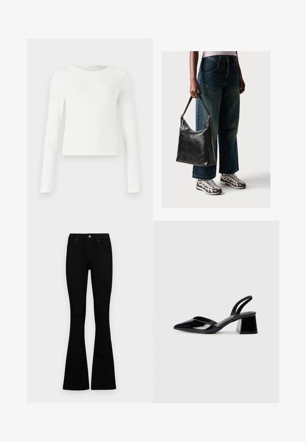 Balts garām piedurknēm ribots tops ar apaļu kaklu. Gluda tekstūra, pieguļošs dizains un bez redzamām rakstiem vai akcentiem. Vienkāršs un minimālistisks stils.; Melni augsta jostas šorti ar pogu un rāvējslēdzēju, priekšējām kabatām un izplestām kājām, nolikti uz balta fona.; Melna lakota āda ar atvērto papēdi, ar smailu purngalu un ģeometrisku blokpapēdi. Iezīmējas elegants, minimāls dizains un gluda tekstūra.; Melna ādas pleca soma ar gludu tekstūru un regulējamu siksnu, saskaņota ar izbalējušām platām biksēm un sportiskām kedām.